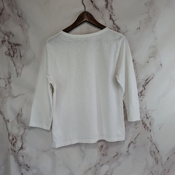 Chicos T Shirt Women Large 2 White Tee V Neck Gold Stamp Printed Quarter Sleeve - Picture 5 of 12